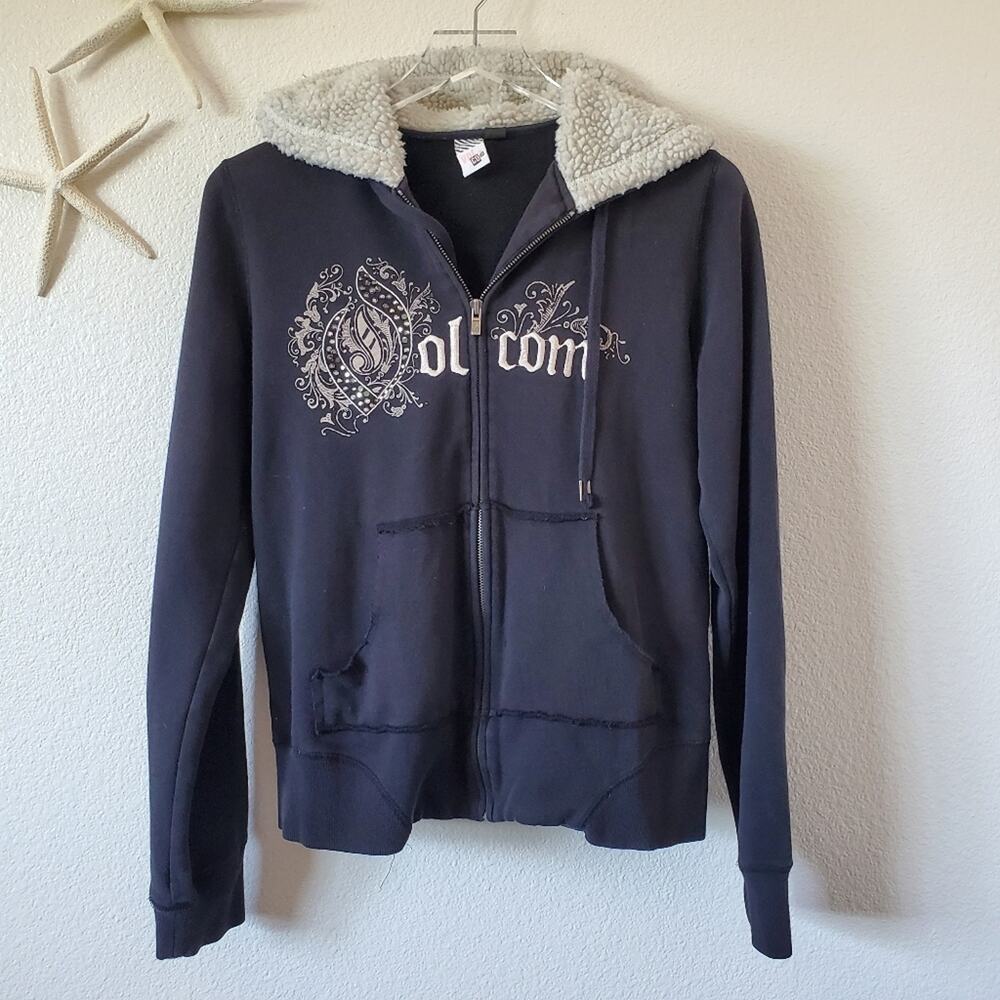 Volcom Zip Up Sweater Casual Hooded Women Size XL Black Fur